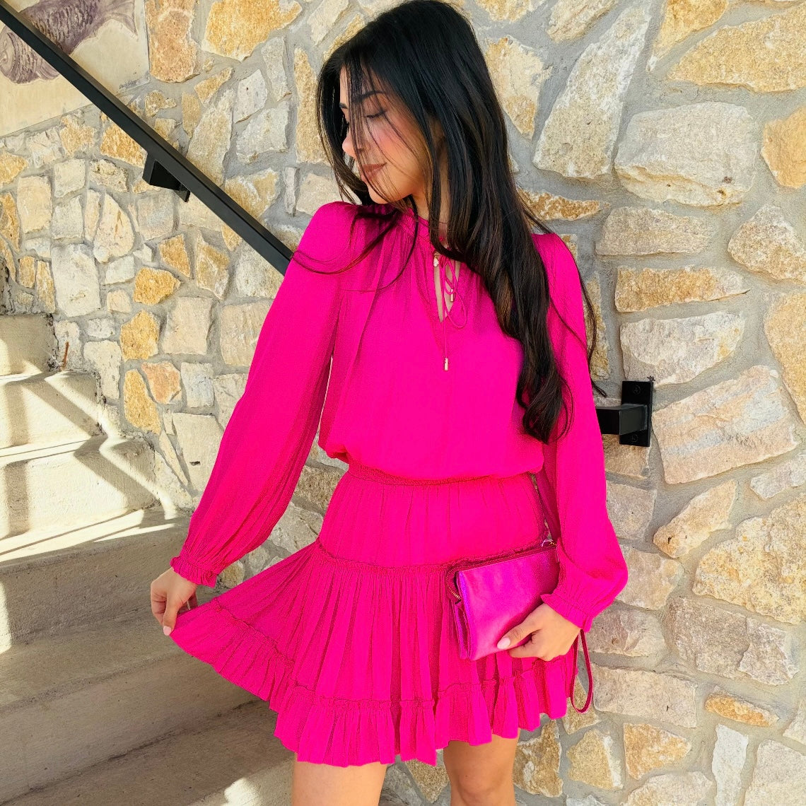 Happily Yours Long Sleeve Ruffled Mini Dress Hyper Pink / M Happily Yours Long Sleeve Ruffled Mini Dress Hyper Pink / M