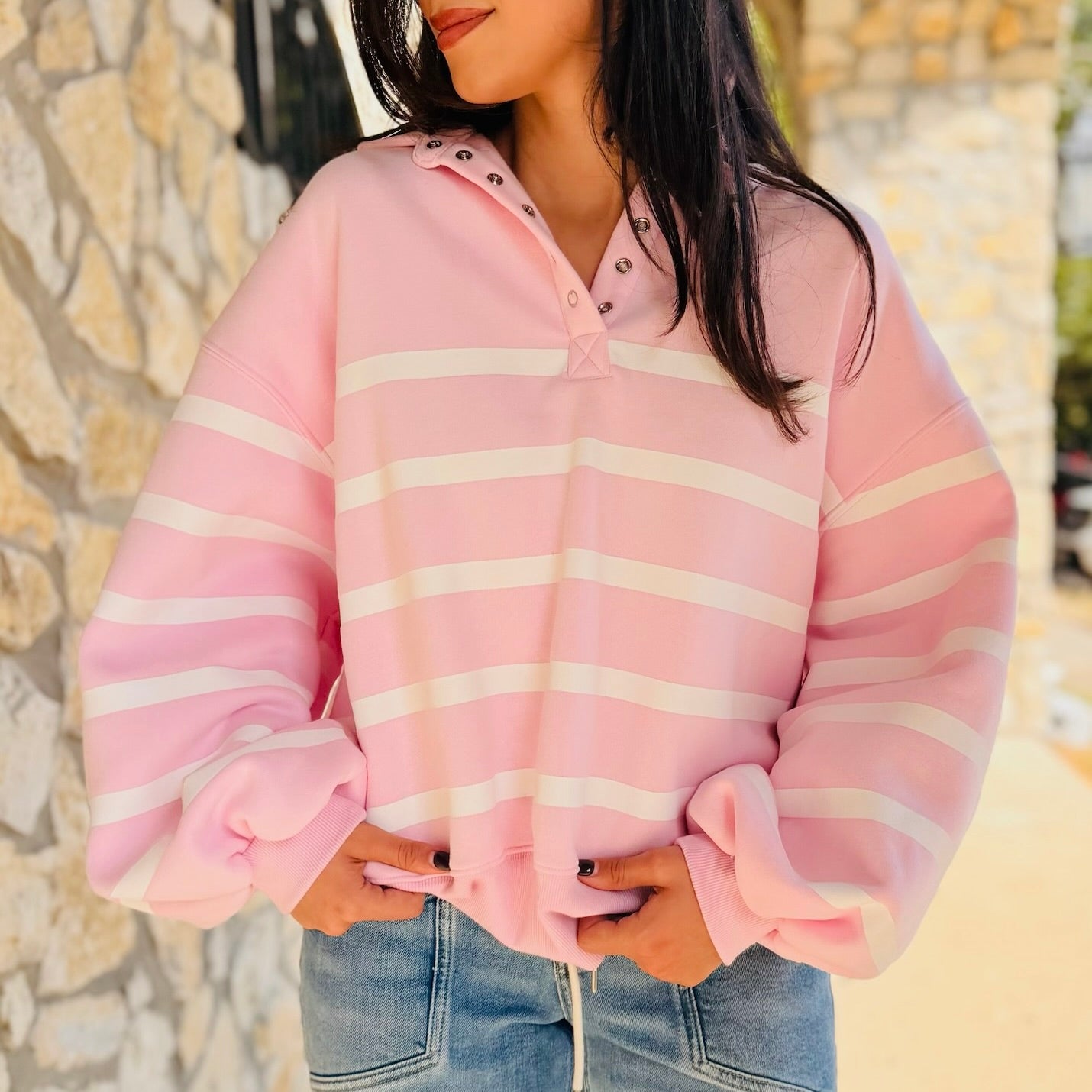 Soft Reset Striped Button Collared Pullover