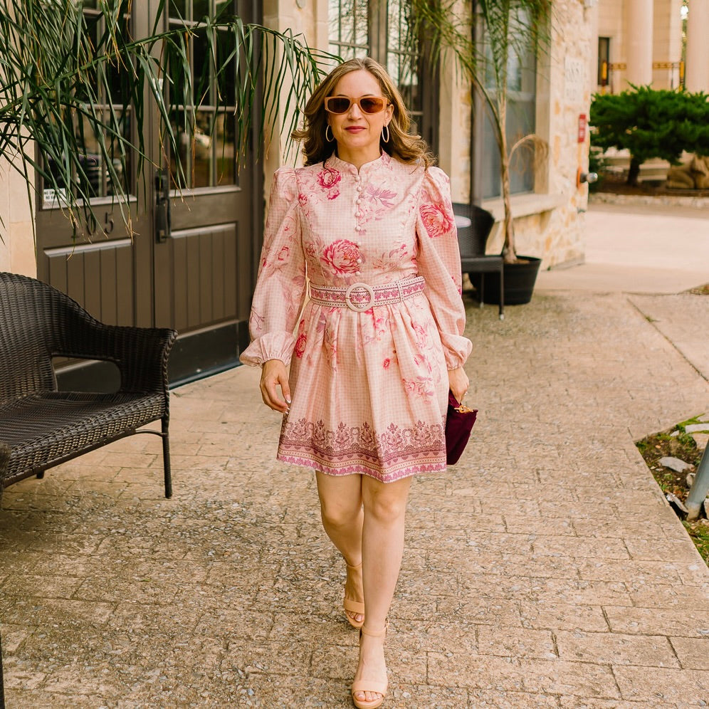 vintage inspired floral mini dress, mock neckline dress, button down floral dress, long sleeve mini dress, belted floral dress, a-line floral dress, lightweight fall dress, chic countryside dress, romantic floral print dress, collared neck mini dress, cozy fall floral outfit, timeless floral dress for women
