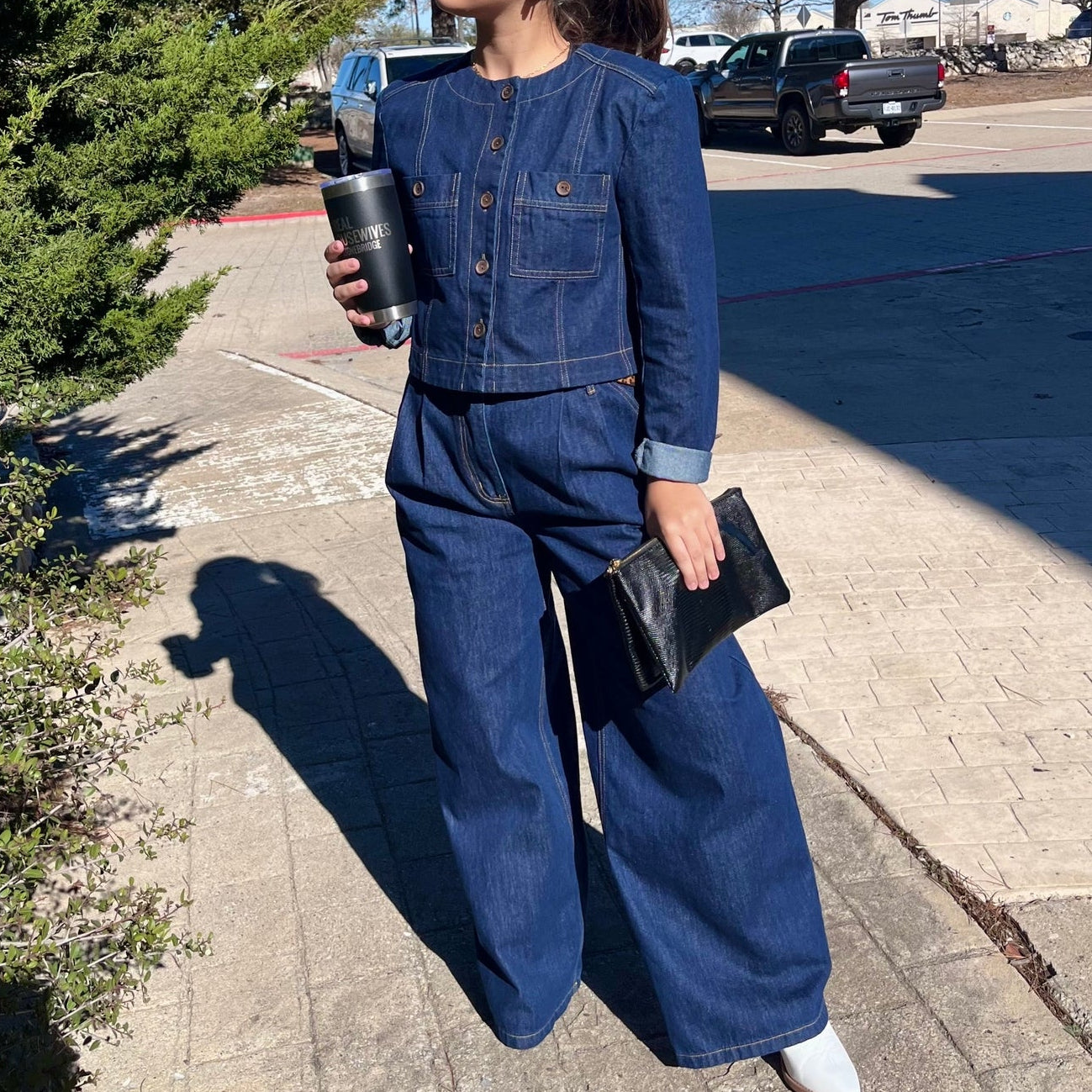 cropped denim jacket, dark wash denim jacket, women’s denim jacket, button down jean jacket, boutique denim jacket, classic jean jacket, casual denim jacket, fall layering piece, 100% cotton denim, dark wash cropped jacket, trendy denim outfit, matching denim set, timeless jean jacket, everyday denim outerwear, round neck denim jacket, long sleeve denim jacket, stylish denim jacket for women