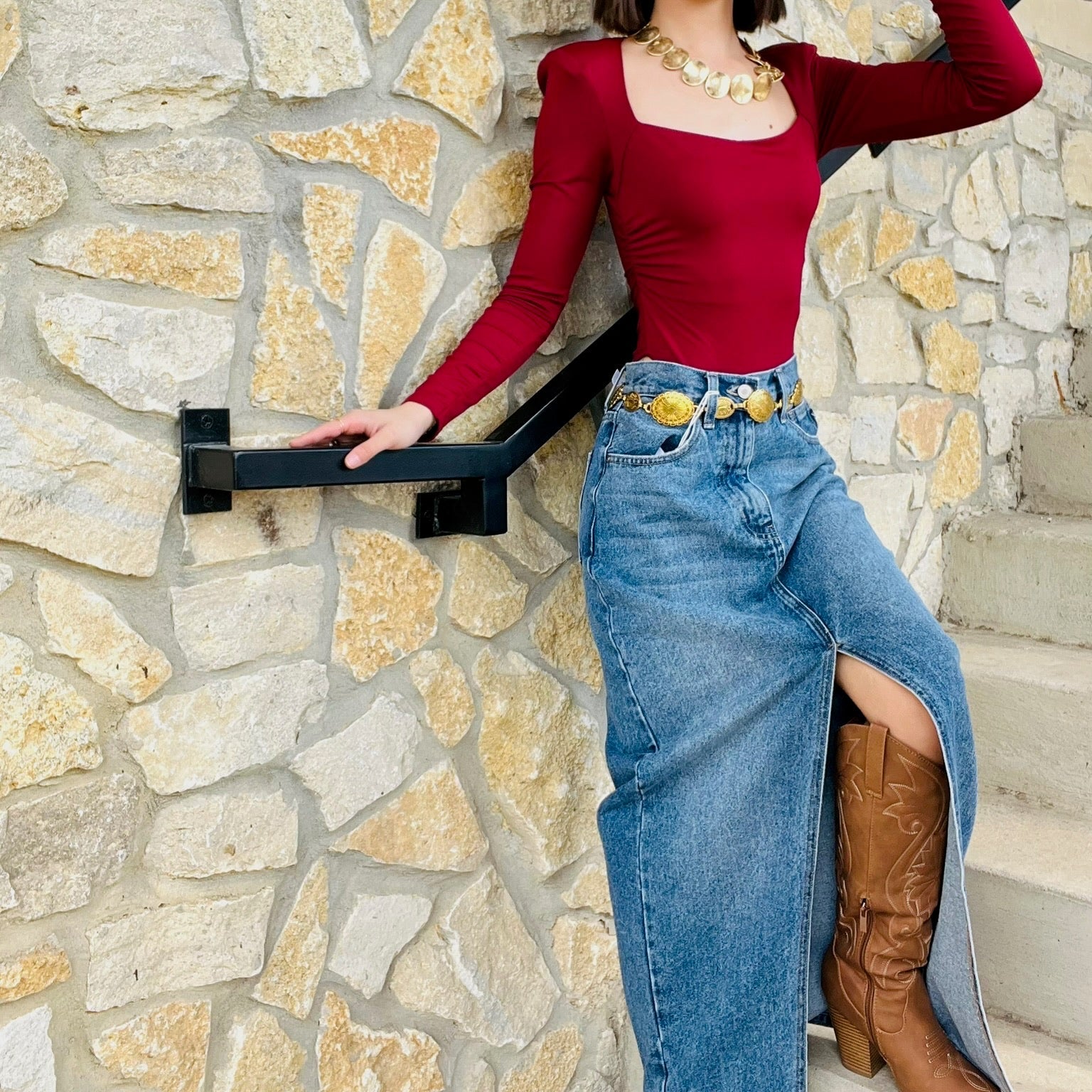 front slit midi skirt, midi skirt, front slit skirt, denim skirt, denim midi skirt, jean skirt, midi jean skirt, 90's denim skirt, classic midi skirt, classic denim midi skirt, medium wash skirt, medium wash midi skirt, denim apparel, denim skirt