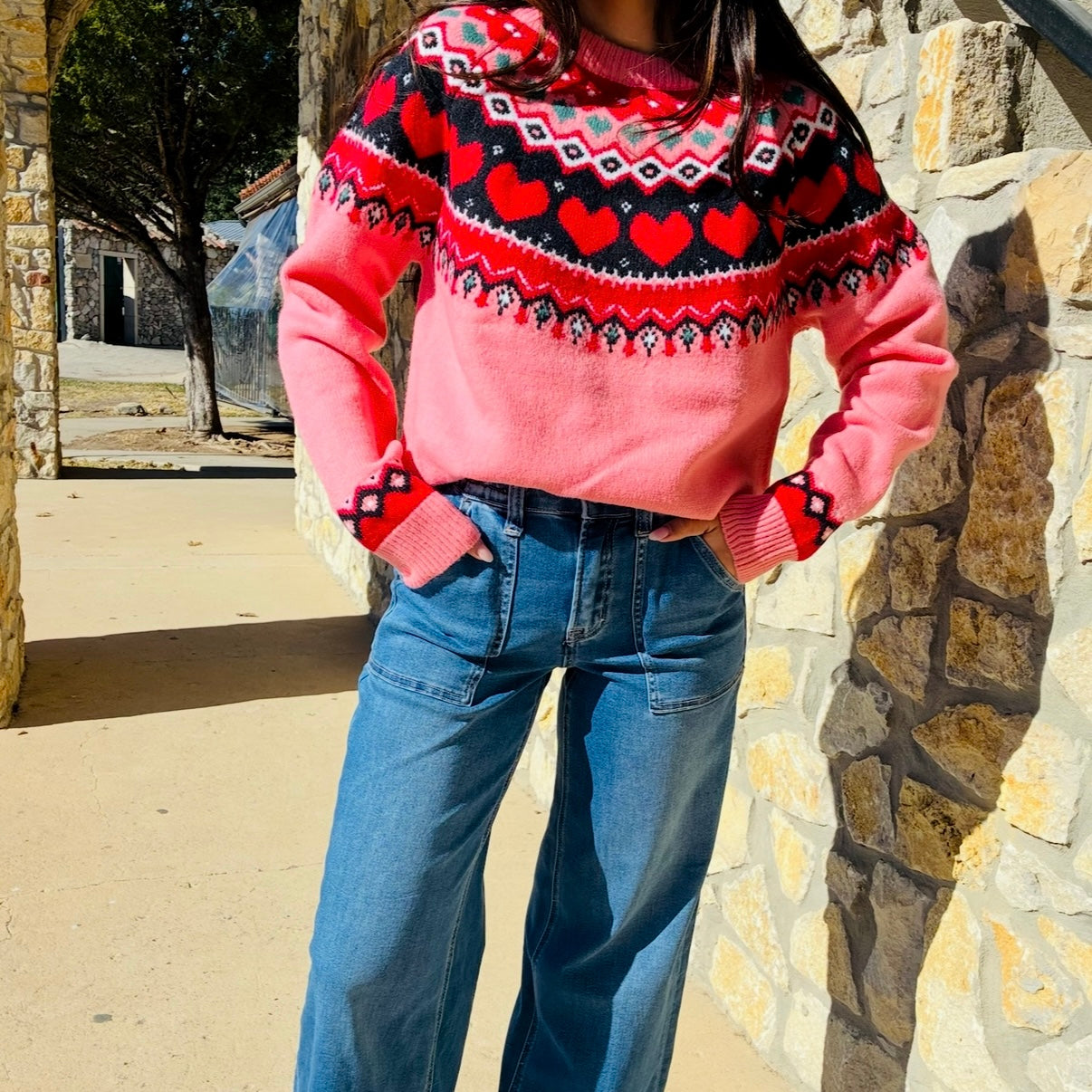 valentine sweater, heart sweater, pink heart sweater, nordic heart sweater, valentines knit sweater, cozy valentine outfit, romantic winter sweater, cute heart print sweater, pink knit sweater, boutique valentine sweater, galentines outfit, heart pattern knit, soft cozy sweater, statement knit sweater, winter valentine fashion, womens boutique sweater, trendy valentine top, casual chic sweater, valentines day outfit idea, heart nordic sweater, McKinney Texas boutique, McKinney Texas shopping, Karadise