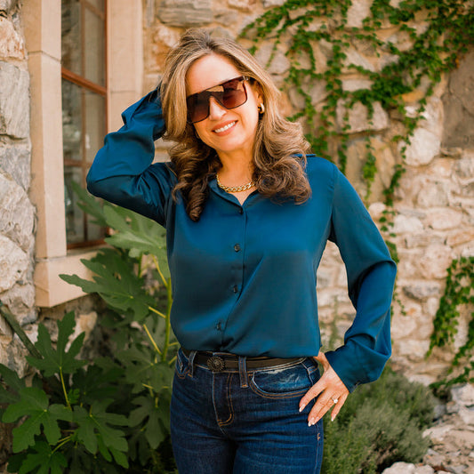 satin blouse, silky button up top, classic collared blouse, long sleeve satin shirt, relaxed fit blouse, polished work blouse, date night top, chic satin button down, versatile wardrobe staple, timeless satin blouse, soft silky feel blouse, solid color satin top, elevated everyday blouse, office to evening top, best selling satin blouse, smooth satin shirt, recycled polyester blouse, sophisticated satin top, dressy casual blouse, effortless chic satin blouse