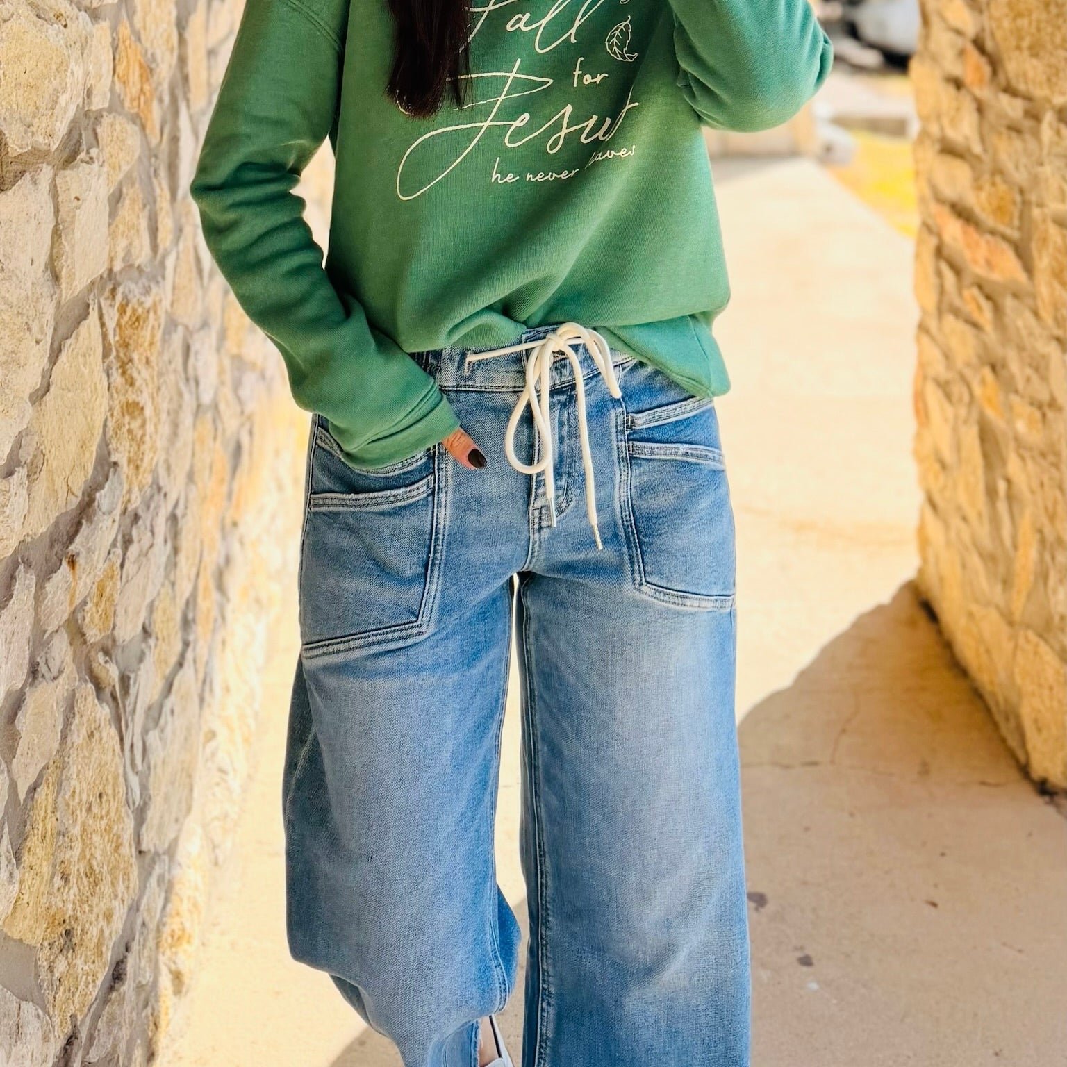 Luanna High Rise Drawstring Waistband Wide Leg Jeans