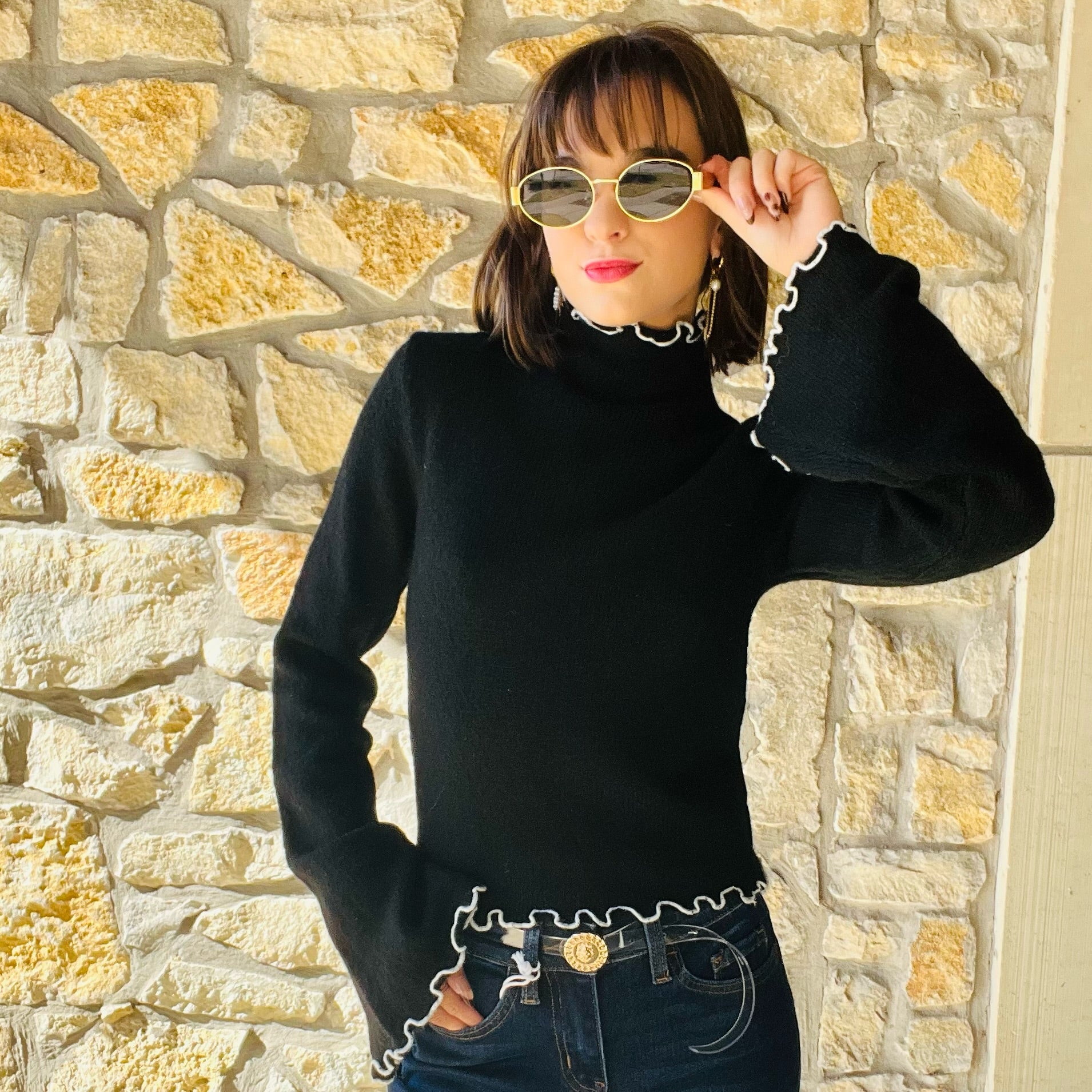 contrast turtleneck sweater, mock neck sweater, contrast stitch sweater, flare sleeve sweater, slim fit knit top, trendy fall sweater, cozy knit mock neck, boutique fall fashion, chic neutral sweater, stylish knit top, elevated basic sweater, modern classic knit, color contrast pullover, women’s fall style, polished fall outfit, sweater with flare sleeves, fall layering top, contrast detail knit, fall wardrobe staple, office to weekend sweater, cozy chic top, minimalist sweater, black and white sweater