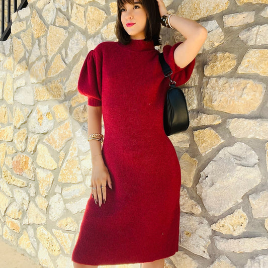 burgundy sweater dress, mock neck sweater dress, puff sleeve sweater dress, fall mini dress, knit mini dress, cozy sweater dress, fall fashion dress, chic knit dress, classy fall outfit, women’s sweater dress, fitted sweater dress, long sleeve fall dress, holiday outfit idea, Thanksgiving outfit, Christmas party dress, winter date night dress, fall wedding guest dress, burgundy knit dress, fall event outfit, feminine fall style, fall wardrobe essential, autumn mini dress, ribbed knit dress