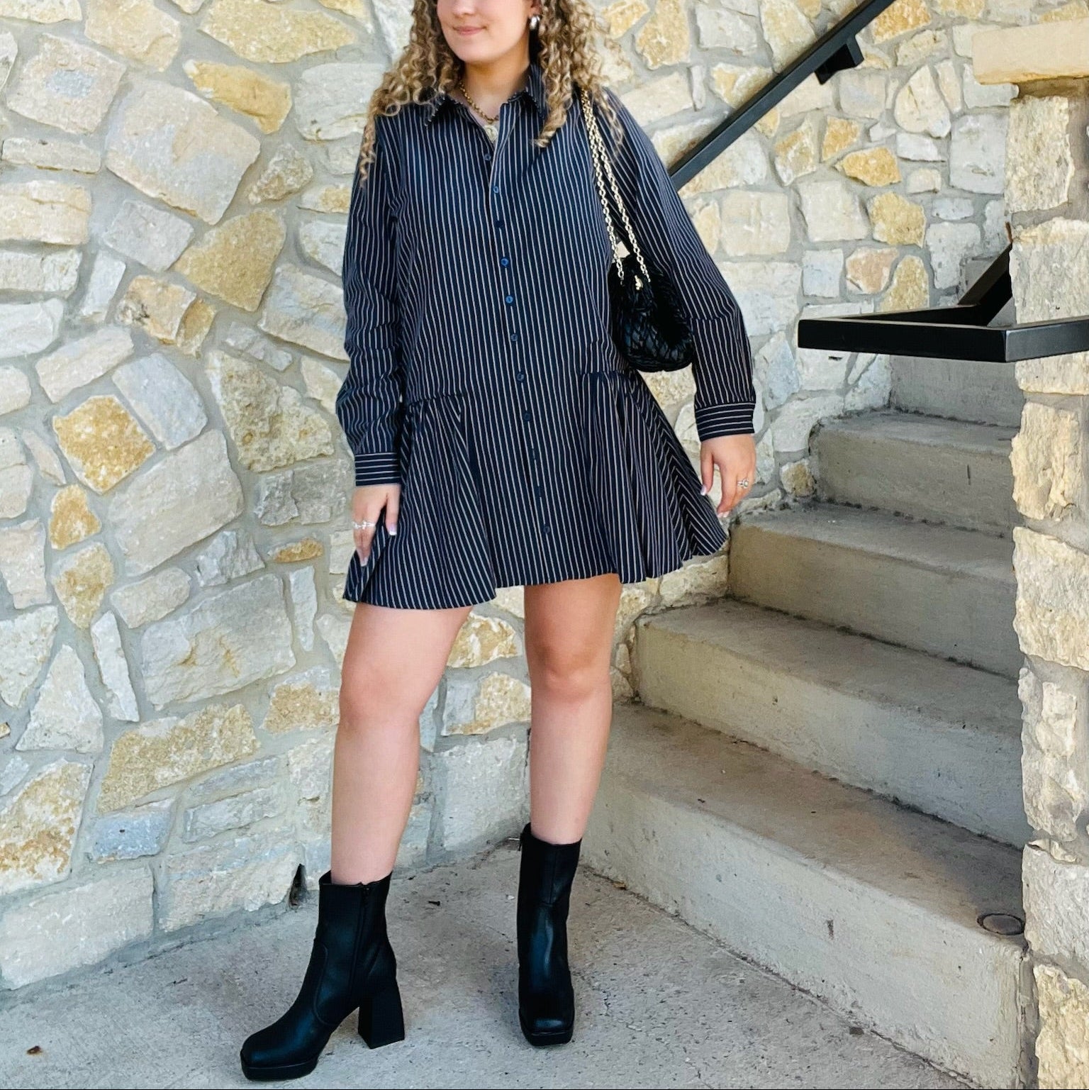 striped dress, navy striped dress, long sleeve dress, collared dress, button down dress, babydoll dress, mini dress, contrast detail dress, classic striped dress, chic mini dress, casual day dress, preppy style dress, timeless wardrobe staple, boutique dress, fall transition dress, everyday outfit, navy mini dress, cotton blend dress, trendy striped outfit, versatile dress
