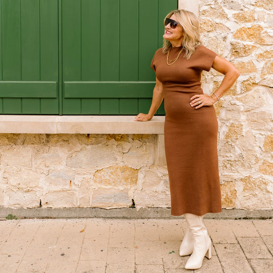 brown midi sweater dress, knit midi dress, fall sweater dress, mock neck dress, drop shoulder dress, short sleeve sweater dress, solid brown dress, cozy fall outfit, chic knit dress, versatile midi dress, fall wardrobe essential, ribbed knit dress, warm tone dress, classy fall dress, office to dinner outfit, brown knit midi, timeless sweater dress, elegant fall outfit, minimalist knit dress, neutral fall fashion