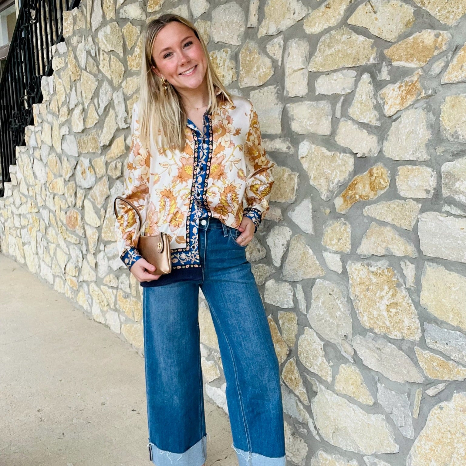 satin floral blouse, navy floral blouse, gold border blouse, button down satin top, collared floral shirt, dressy blouse for work, fall satin blouse, polished button down, long sleeve satin blouse, floral print top, navy and gold blouse, date night blouse, statement blouse, elegant satin shirt, boutique blouse, feminine satin top, silky floral blouse, modern floral blouse, chic workwear top