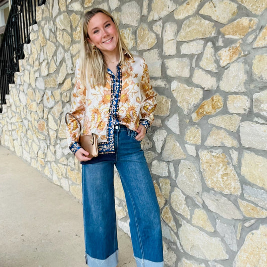 satin floral blouse, navy floral blouse, gold border blouse, button down satin top, collared floral shirt, dressy blouse for work, fall satin blouse, polished button down, long sleeve satin blouse, floral print top, navy and gold blouse, date night blouse, statement blouse, elegant satin shirt, boutique blouse, feminine satin top, silky floral blouse, modern floral blouse, chic workwear top