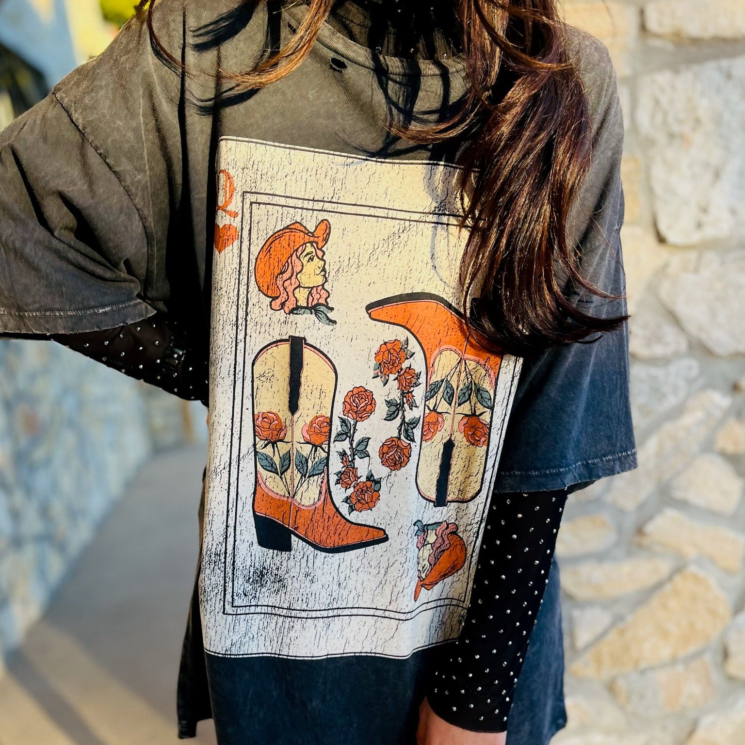 graphic tee, vintage t-shirt, mineral washed tee, relaxed fit t-shirt, distressed tee, cowgirl graphic, western graphic tee, short sleeve tee, round neckline tee, casual t-shirt, cotton t-shirt, trendy graphic tee, western style, everyday tee, fun graphic top, concert tee, concert outfit, transition piece, vintage graphic tee for women, mineral washed cowgirl graphic t-shirt, relaxed fit western style t-shirt, distressed short sleeve graphic top, fun western graphic tee for concerts