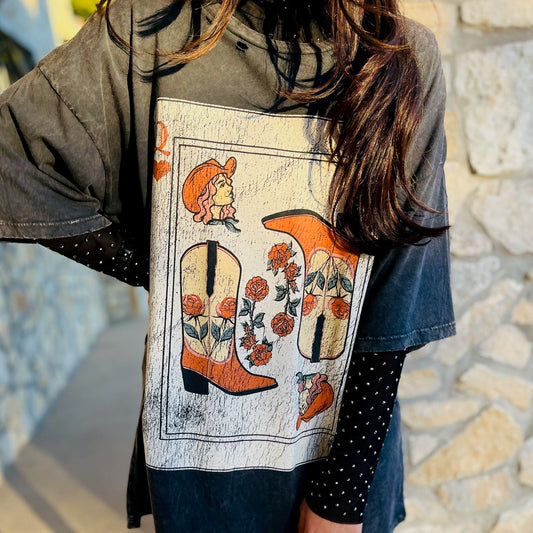 graphic tee, vintage t-shirt, mineral washed tee, relaxed fit t-shirt, distressed tee, cowgirl graphic, western graphic tee, short sleeve tee, round neckline tee, casual t-shirt, cotton t-shirt, trendy graphic tee, western style, everyday tee, fun graphic top, concert tee, concert outfit, transition piece, vintage graphic tee for women, mineral washed cowgirl graphic t-shirt, relaxed fit western style t-shirt, distressed short sleeve graphic top, fun western graphic tee for concerts