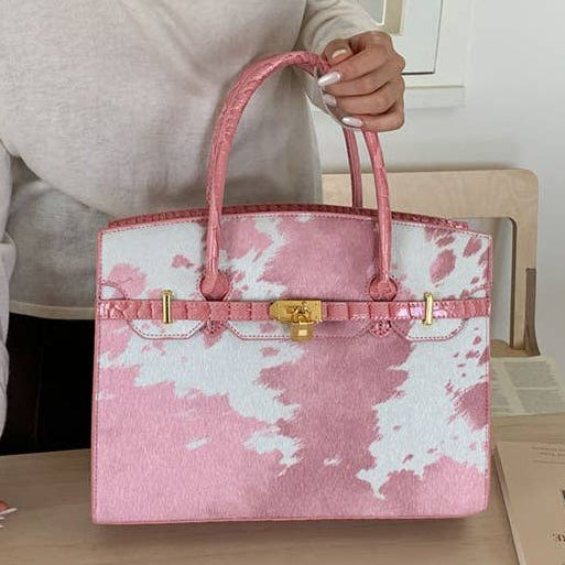 Ranch Rose Western Cow Print Handbag Tote Bag