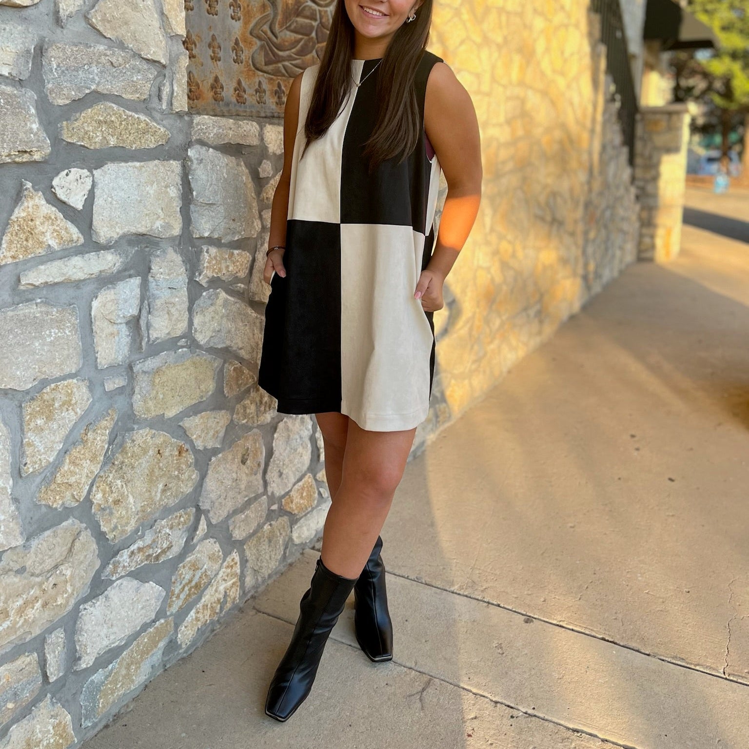 colorblock dress, suede shift dress, neutral colorblock dress, brown and cream dress, charcoal colorblock dress, fall shift dress, boutique fall fashion, suede feel dress, structured mini dress, casual to dressy outfit, timeless neutral dress, soft suede-like dress, versatile fall dress, women’s colorblock outfit, chic neutral tones, fall layering dress, minimalist shift dress, sophisticated fall style, boutique suede dress, transitional fall fashion, cozy yet chic dress, modern colorblock look, neutral sue