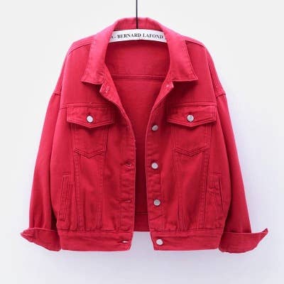 red denim jacket, cropped denim jacket, slim fit denim jacket, red cropped jacket, women's red jean jacket, collared denim jacket, casual red jacket, women's fall denim jacket, street style denim jacket, trendy red jacket, red button up jacket, silver button denim jacket, red casual coat, women's casual red coat, fitted red jacket, fashion denim jacket, stylish red denim, colorful denim jacket, statement denim jacket, bold red cropped jacket, modern denim jacket, women's outerwear, women's casual jacket, re