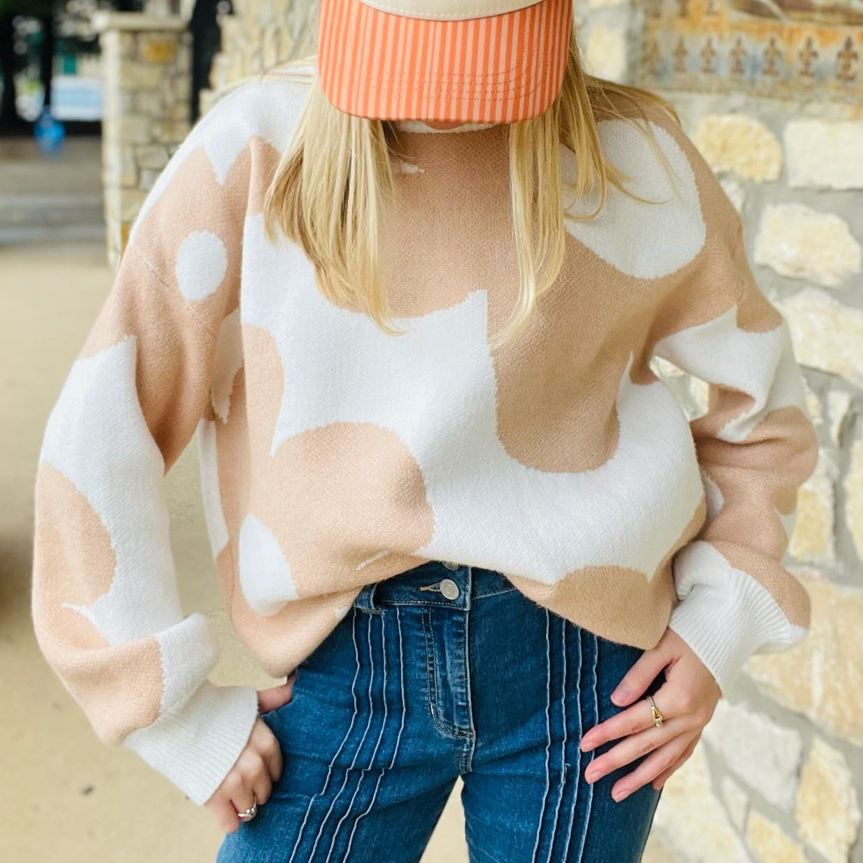 floral sweater, neutral flower sweater, mauve knit sweater, cozy fall sweater, round neck sweater, floral knit top, feminine sweater, boutique sweater, trendy neutral sweater, chic fall outfit, casual cozy sweater, cute floral pullover, soft knit sweater, sweater with flower pattern, everyday fall style, winter floral sweater, stylish boutique knit, versatile fall top, women’s cozy sweater, neutral knit pullover