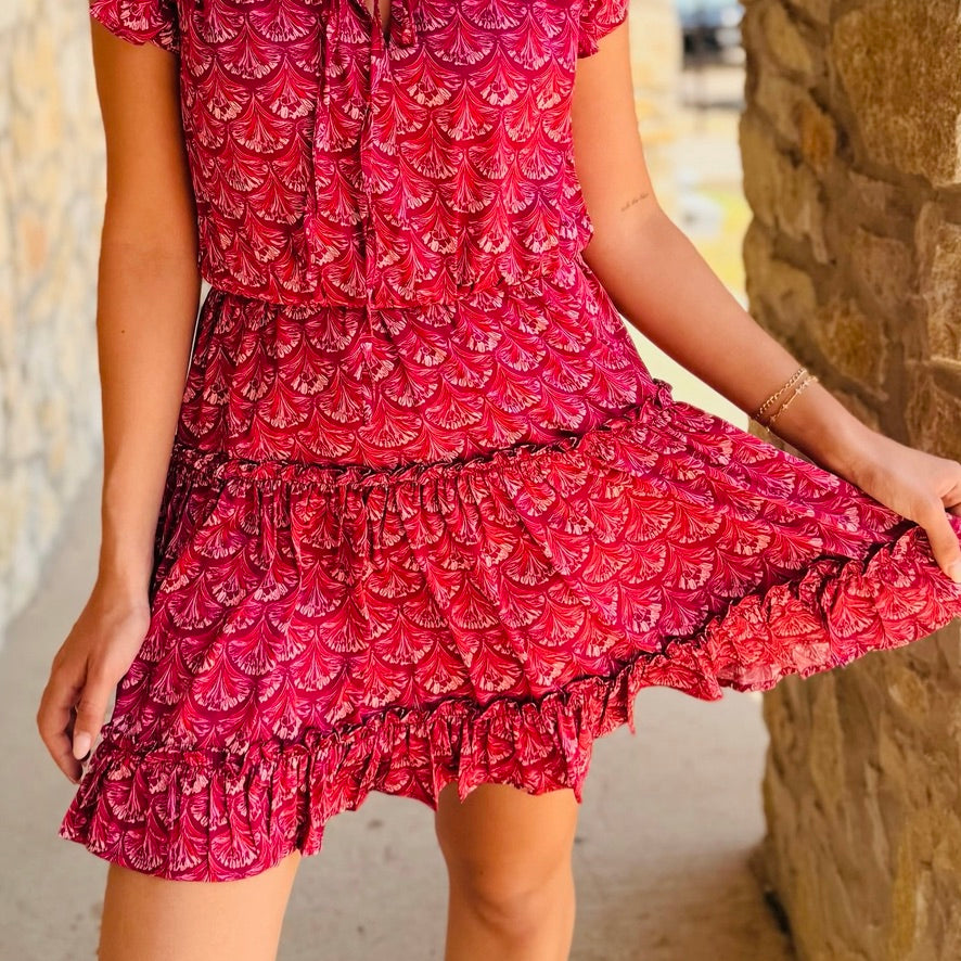 The Crimson Charm Scalloped Ruffle Mini Dress