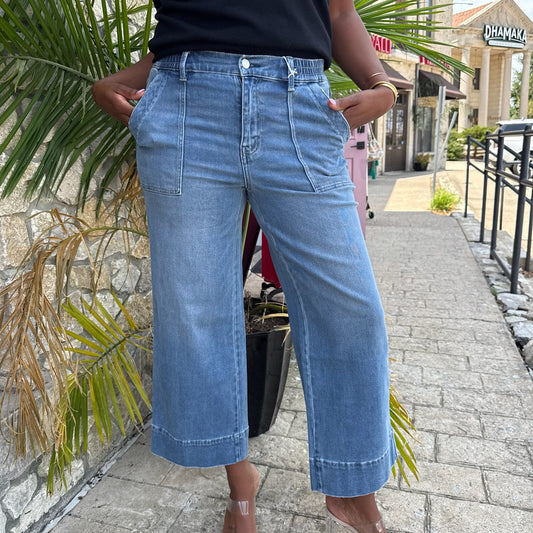 high rise wide leg jeans, elastic waistband jeans, cropped wide leg denim, comfort stretch jeans, utility pocket jeans, relaxed fit denim, tencel blend jeans, soft stretchy jeans, casual everyday jeans, modern wide leg pants, comfy travel jeans, laid back denim style, flattering high waist jeans, versatile cropped jeans, easy fit denim, weekend outfit jeans, polished casual jeans, lightweight wide leg jeans, trendy relaxed jeans, wardrobe essential denim