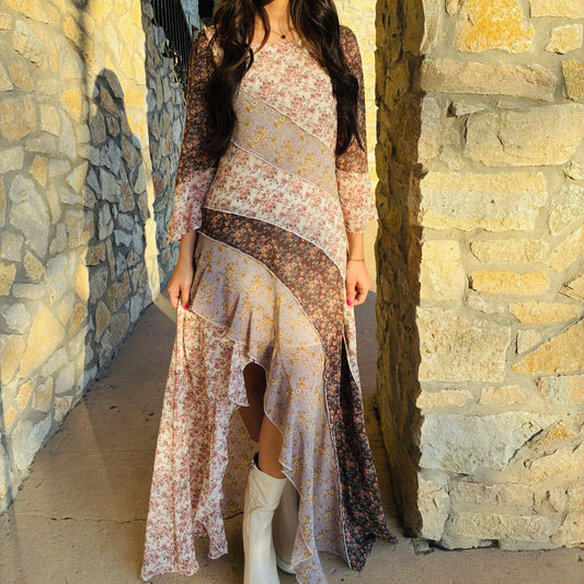 floral dress, colorblock dress, striped floral dress, statement dress, boutique dress, women’s boutique clothing, long sleeve dress, bell sleeve dress, front slit dress, wedding guest dress, special occasion dress, spring dress, fall dress, dressy floral dress, trendy women’s dress, elegant boutique dress, zipper back dress, unique floral dress, colorblock fashion, feminine dress