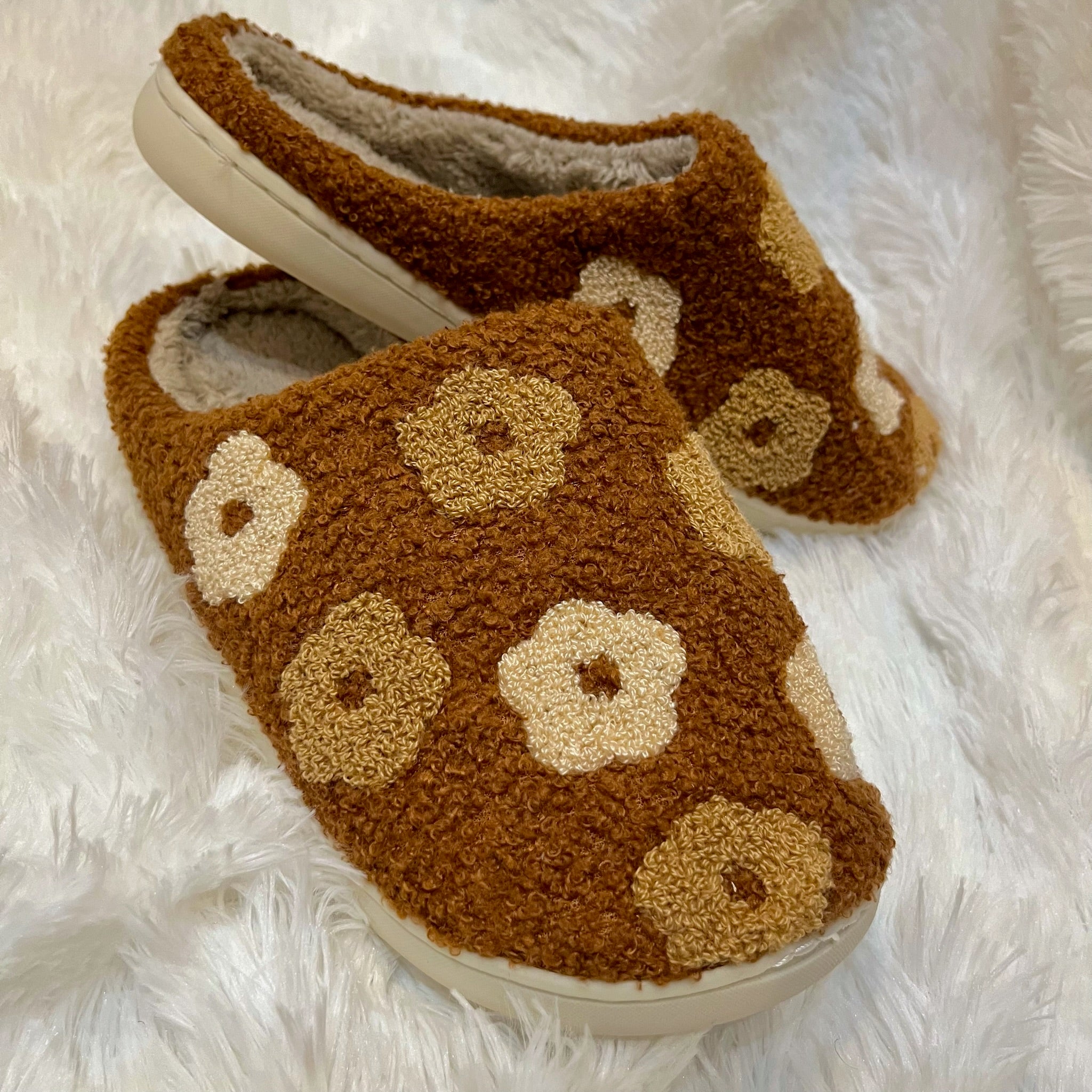 Floral Slippers, Brown Floral Slippers, Brown Floral Slippers McKinney Texas, Brown Floral Slippers Karadise, Brown Floral Slippers Karadise Boutique, Cozy Slippers, Fuzzy Slippers
