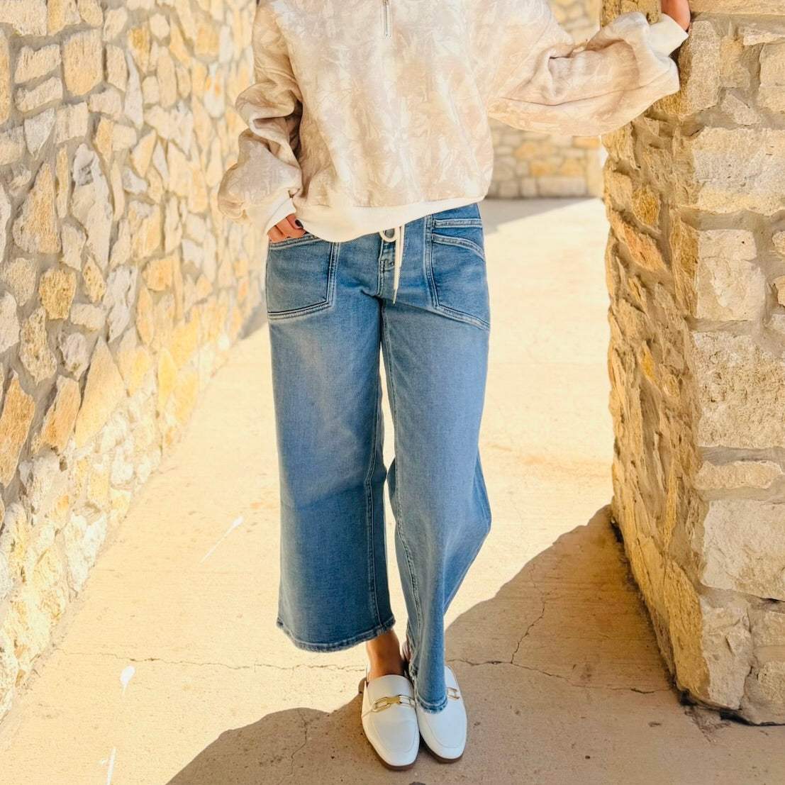 Luanna High Rise Drawstring Waistband Wide Leg Jeans