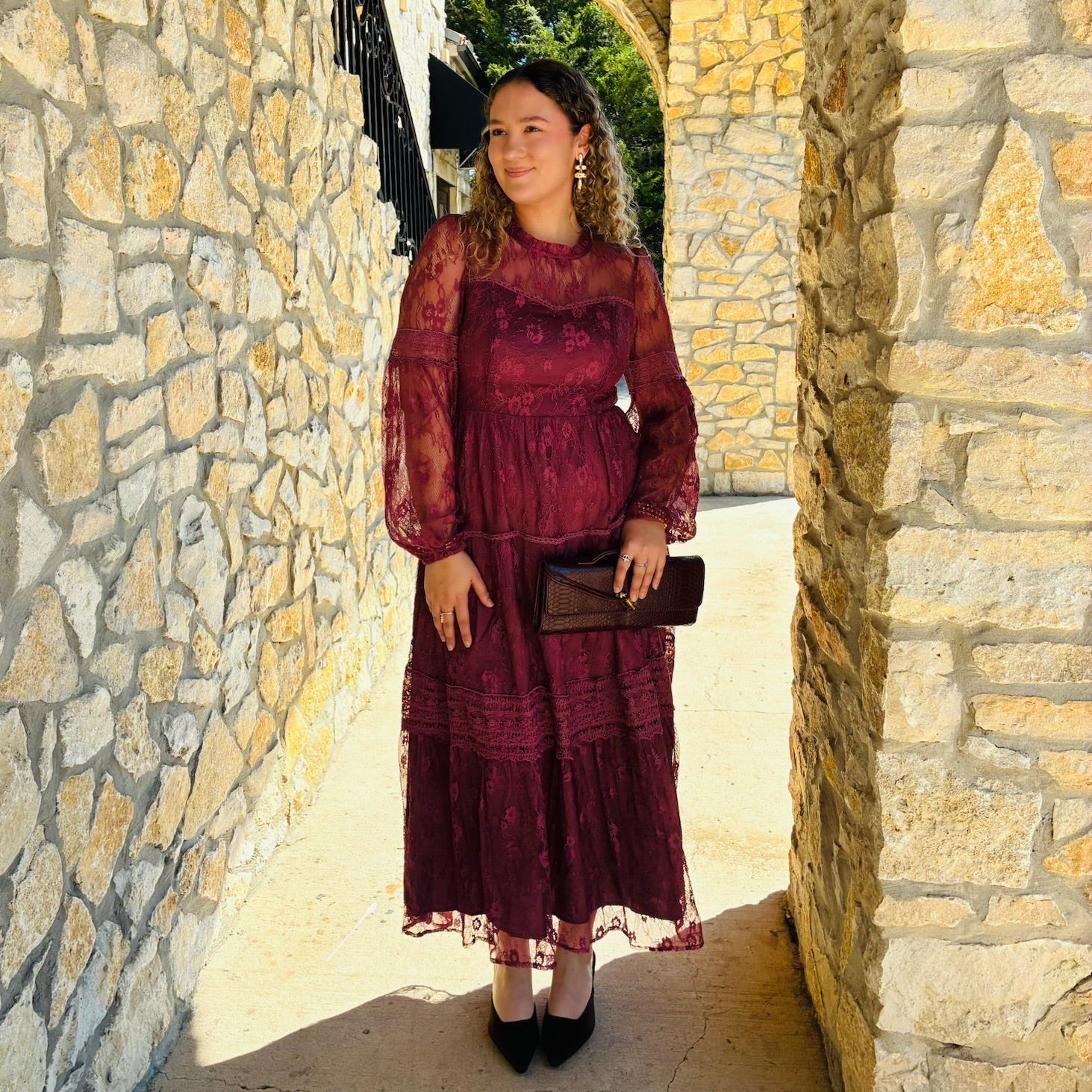Midnight Merlot Tiered Lace Maxi Dress