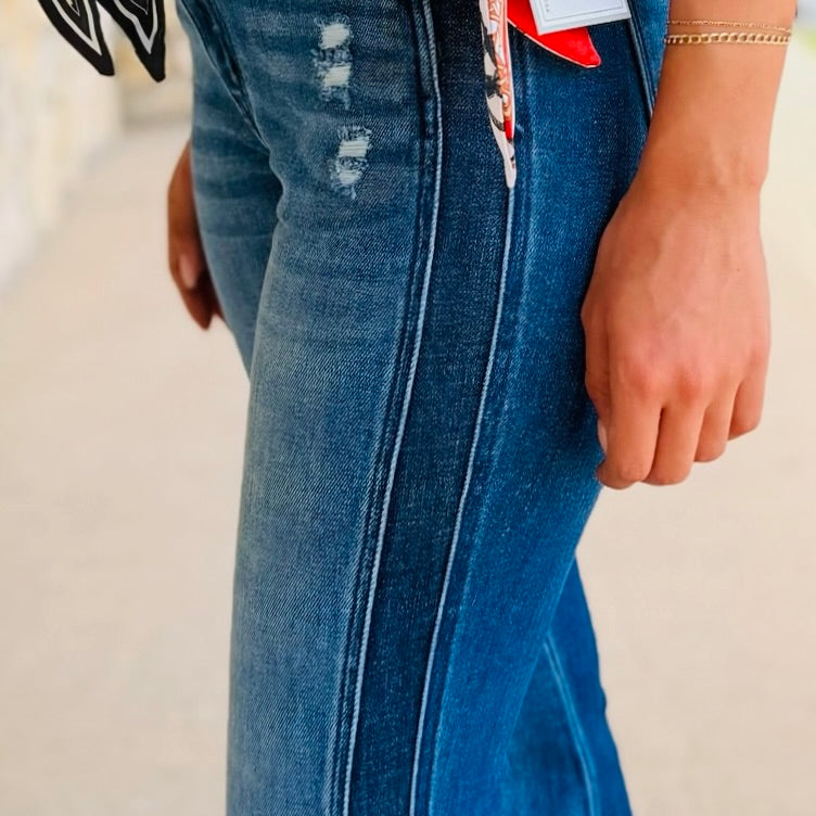 Emmalyn Dark Wash Contrast Detail Flare Jeans