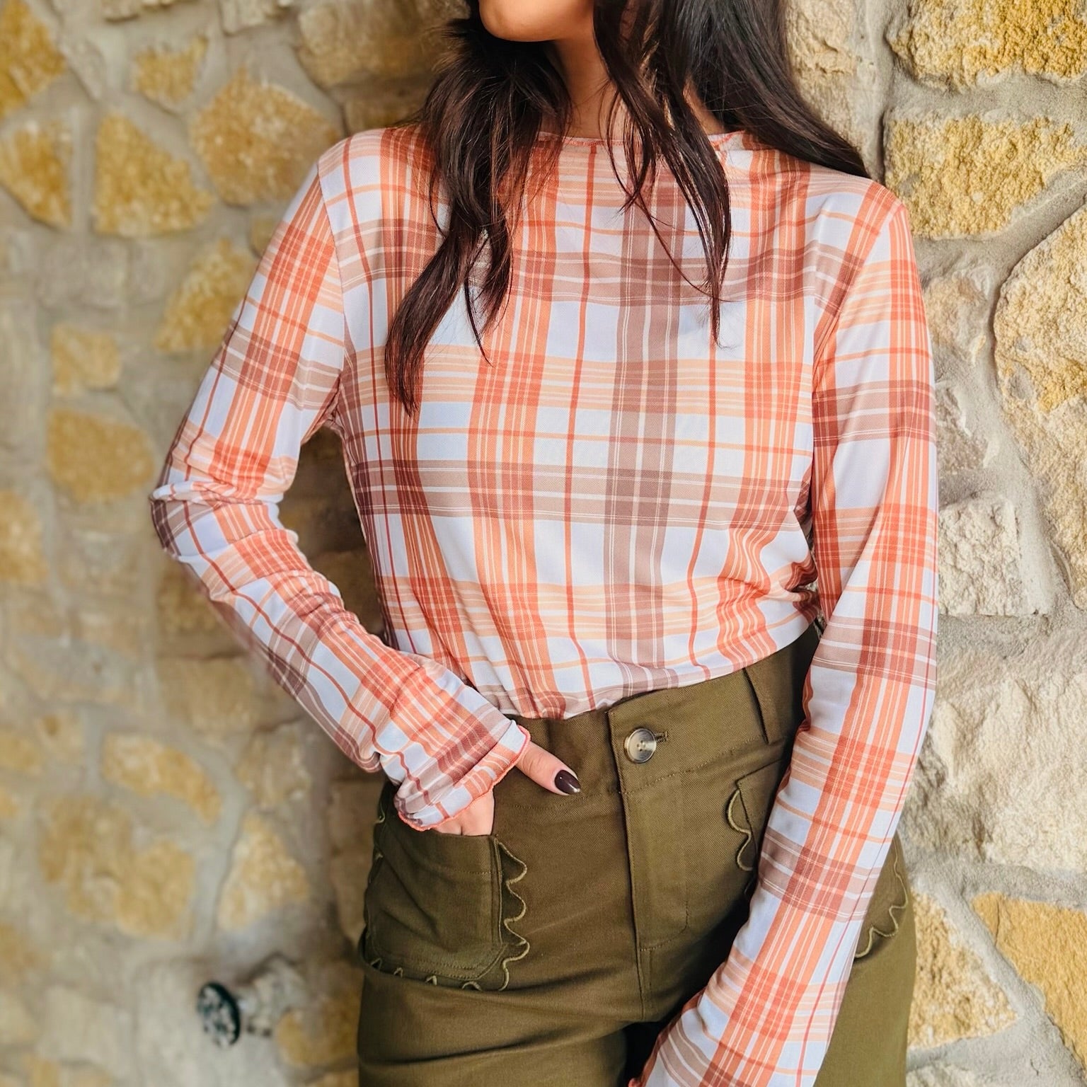 The Orchard Plaid Mesh Semi-Sheer Top