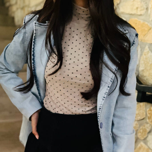 embellished mock neck top, sheer sleeve top, mesh long sleeve blouse, holiday party top, date night top, going out top for women, chic embellished top, glamorous evening top, lightweight dressy top, embellished mesh top, mock neck blouse women, green mock neck top, black embellished top, taupe mesh top, sparkly long sleeve top, layering tops for winter, dressy tops for jeans, clubwear tops women, sophisticated sexy top, semi sheer sleeve top, women's holiday outfit top, boutique evening top, embellished top