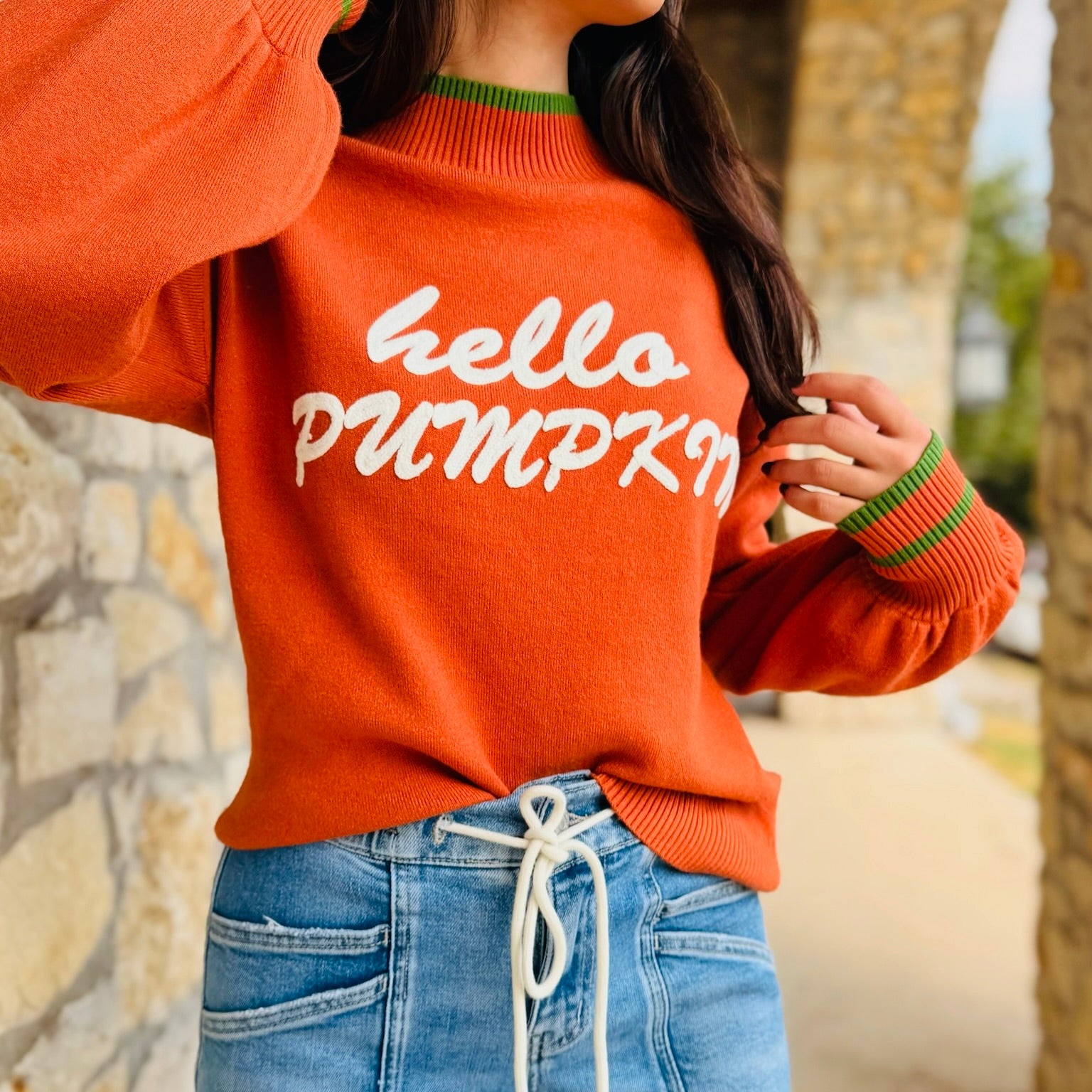 Hello Pumpkin Mock Neck Ballon Sleeve Sweater