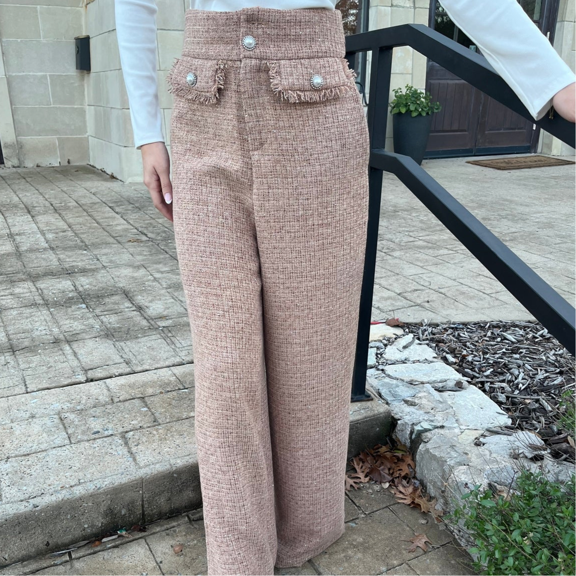 tweed pants, tailored tweed trousers, boutique chic pants, sophisticated pants for women, high waisted tweed pants, workwear pants, polished trousers, taupe tweed pants, slate gray tweed pants, front closure pants, jewel button pants, pockets trousers, versatile dress pants, stylish fall pants, professional pants for women, classic tweed bottoms, chic office pants, elegant tweed pants, modern boutique pants, timeless wardrobe staple