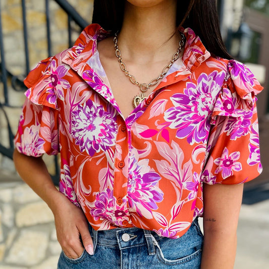 ruffle print top, multicolor blouse, feminine printed top, high neck blouse, button down ruffle top, woven short sleeve top, colorful patterned blouse, timeless printed blouse, chic ruffle sleeve top, classic feminine top, vibrant print blouse, summer to fall top, dressy casual blouse, statement print top, lightweight woven blouse, stylish multicolor top, trendy ruffle blouse, polished printed top, playful pattern blouse, versatile dressy top