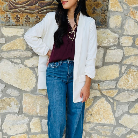 relaxed fit blazer, ruched sleeve blazer, 3/4 sleeve blazer, shoulder pad blazer, dropped shawl collar blazer, flap pocket blazer, versatile women’s blazer, office blazer, dressy casual blazer, polished workwear blazer, boutique blazer, structured yet relaxed blazer, chic everyday blazer, stylish layering blazer, solid color blazer, professional women’s blazer, date night blazer, hand wash blazer, timeless wardrobe blazer, sophisticated blazer for women, forest green blazer, fuchsia blazer, white blazer