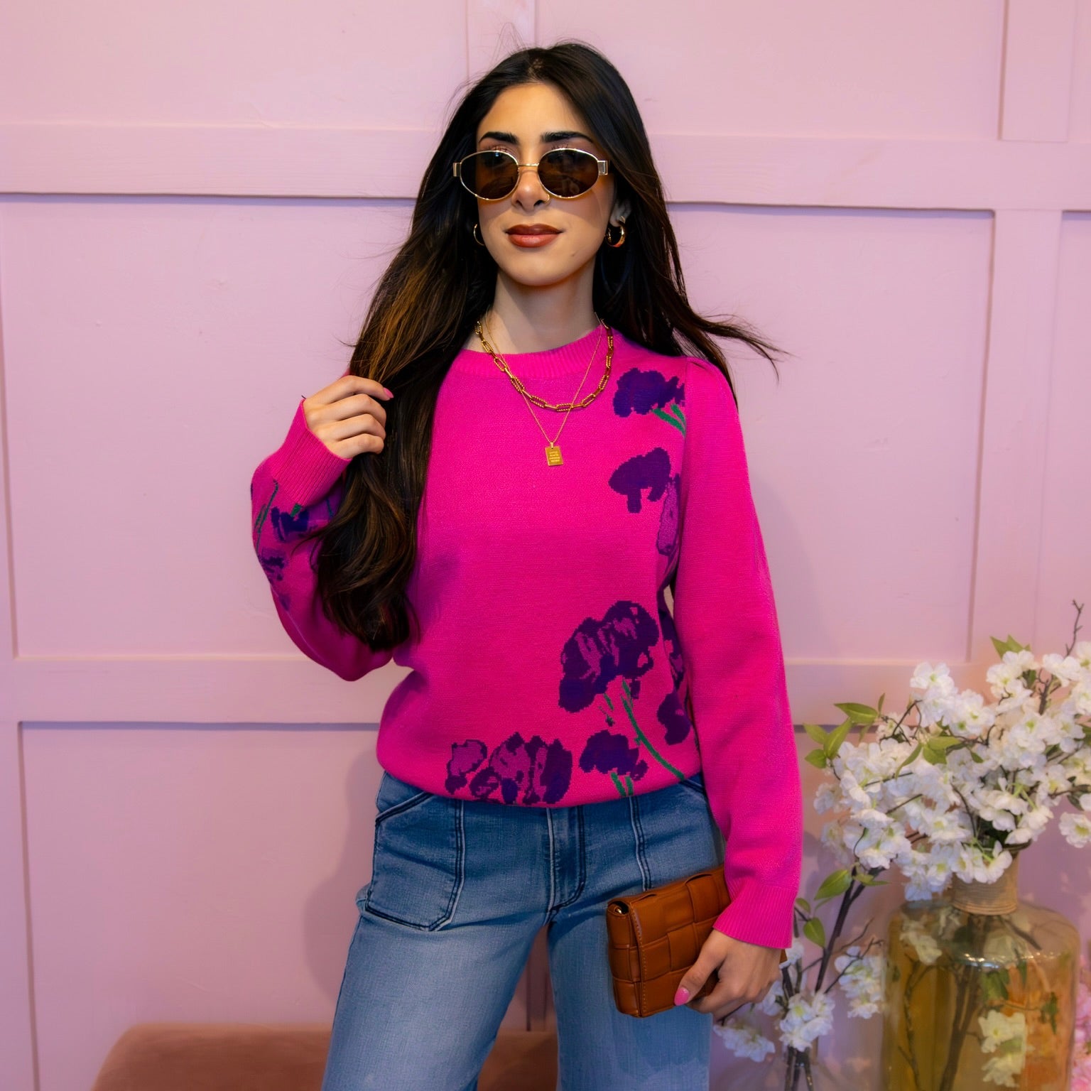 Natalia Fuchsia Floral Long Sleeve Sweater