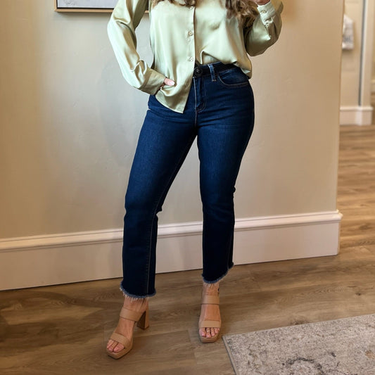 cropped flare jeans, flare jeans, comfort stretch denim, comfort stretch jeans, dark wash jeans, frayed hem jeans, cropped jeans, denim apparel, dark wash denim, dark wash jeans, vervet denim, high rise jeans, high waisted jeans, high rise flare jeans