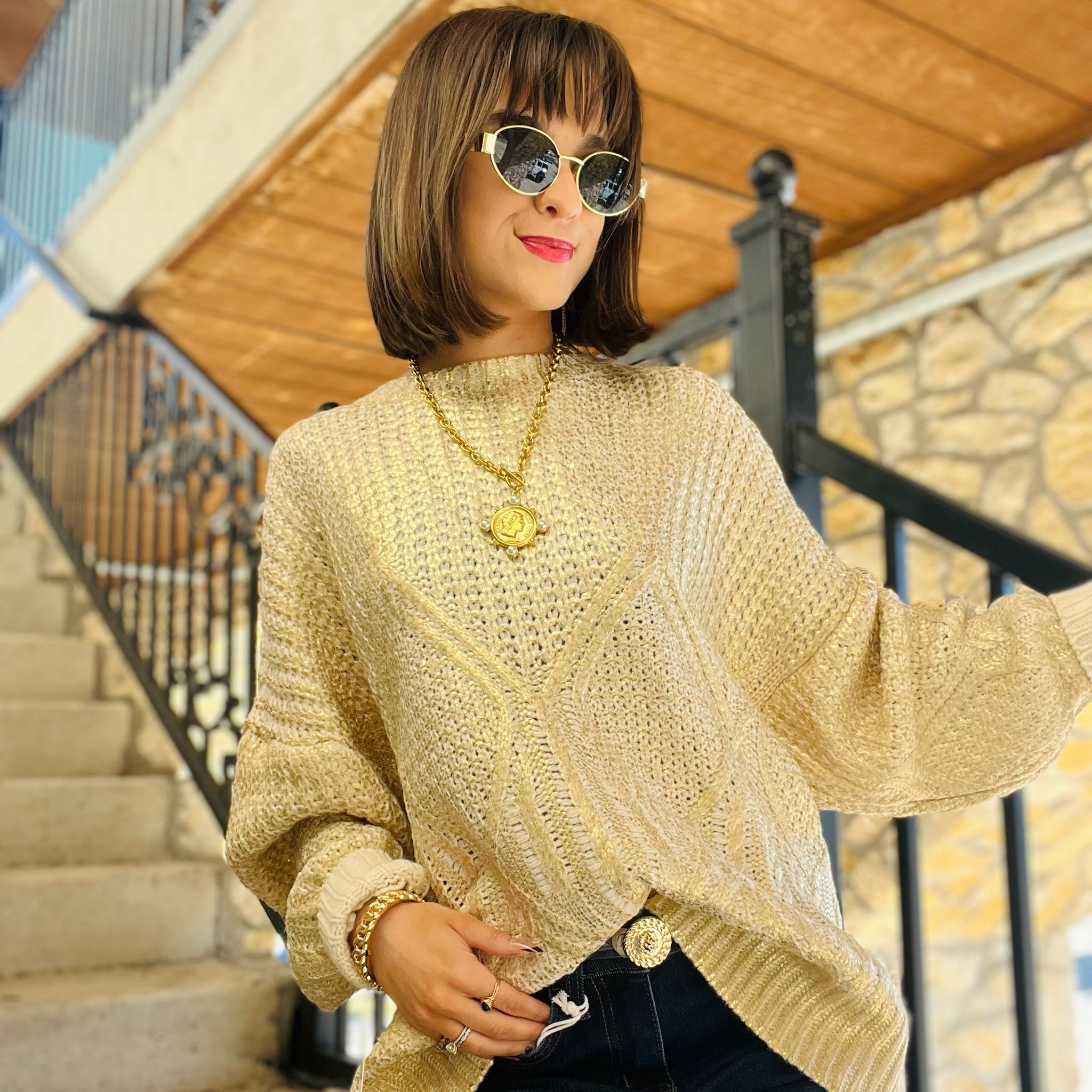 gold sweater, metallic sweater, shimmer knit top, gold foil sweater, statement sweater, holiday sweater, fall party outfit, glam knit sweater, cozy glam style, dressy sweater, boutique fall fashion, sparkly sweater top, relaxed fit sweater, cable knit sweater, crew neck gold sweater, long sleeve shimmer top, fall date night outfit, women’s metallic pullover, festive gold top, winter holiday look, chic fall sweater, elevated casual style, cozy yet chic sweater, shiny knit top, luxe gold sweater, boutique hol