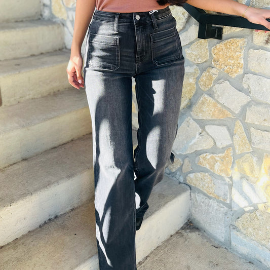 black wide leg jeans, black trouser jeans, high rise black denim, wide leg pants women, black jeans boutique, classic black denim, clean black jeans, chic black trousers, versatile wardrobe staple, dressy black jeans, fall winter denim, women’s wide leg jeans, elevated everyday style, no distressing jeans, black jeans with pockets, comfort stretch denim, trouser style denim, casual to dressy jeans, timeless black jeans, flattering high rise jeans, boutique denim trends, modern wide leg denim