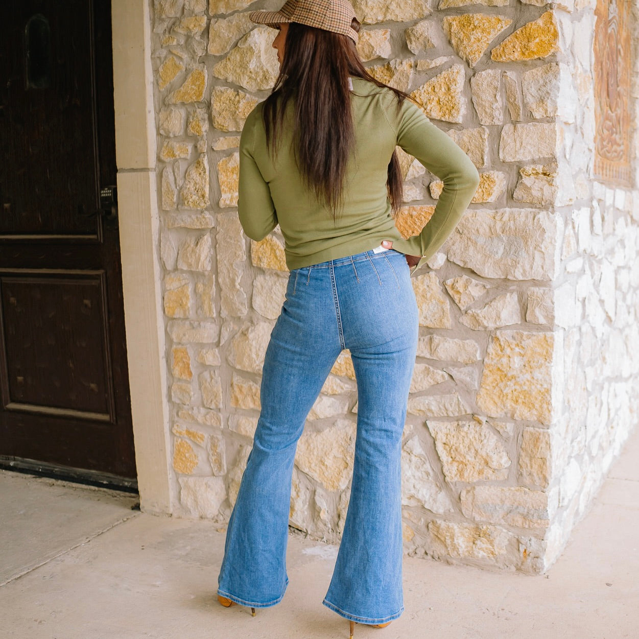 flare jeans, medium wash jeans, medium wash denim, denim apparel, medium denim apparel, two button jeans, two button denim apparel, double button jeans, high rise jeans, hi-rise jeans, high rise pants, business casual, casual Fridays, medium wash flare jeans, retro jeans, retro inspired jeans, clean denim, clean jeans, back to school jeans, teacher jeans, teacher pants, teacher denim 