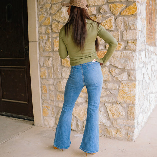 flare jeans, medium wash jeans, medium wash denim, denim apparel, medium denim apparel, two button jeans, two button denim apparel, double button jeans, high rise jeans, hi-rise jeans, high rise pants, business casual, casual Fridays, medium wash flare jeans, retro jeans, retro inspired jeans, clean denim, clean jeans, back to school jeans, teacher jeans, teacher pants, teacher denim 