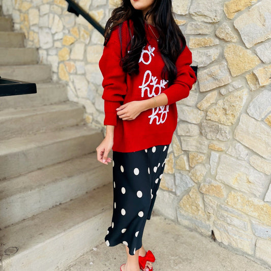 black midi skirt, polka dot midi skirt, cream polka dots, fitted midi skirt, Le Lis skirt, chic midi skirt, classic polka dot skirt, transitional wardrobe piece, fall midi skirt, winter midi skirt, versatile black skirt, workwear skirt, dinner outfit skirt, concert outfit skirt, game day skirt, elevated basics, boutique midi skirt, stretchy midi skirt, polyester spandex skirt, timeless polka dot print, neutral print skirt