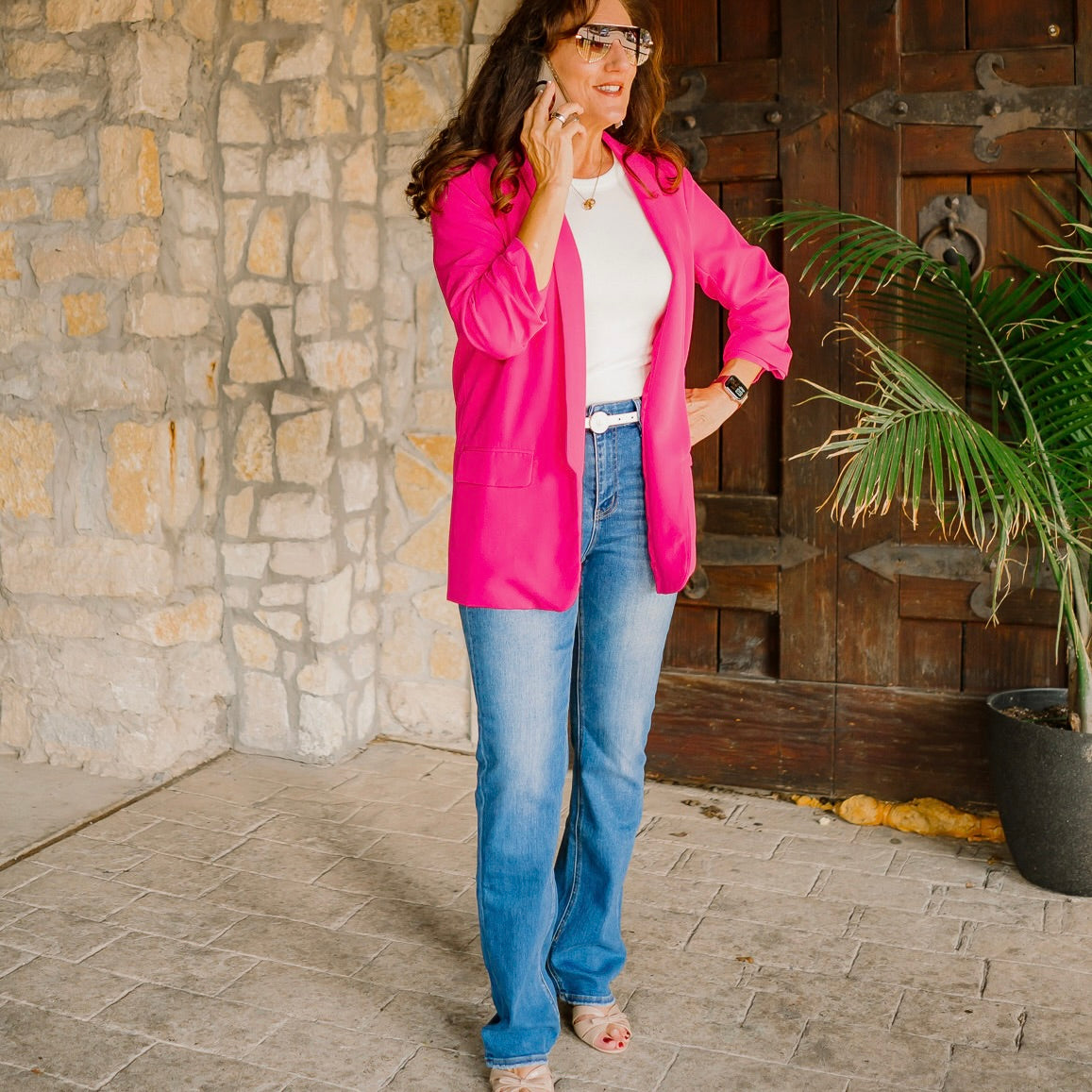 relaxed fit blazer, ruched sleeve blazer, 3/4 sleeve blazer, shoulder pad blazer, dropped shawl collar blazer, flap pocket blazer, versatile women’s blazer, office blazer, dressy casual blazer, polished workwear blazer, boutique blazer, structured yet relaxed blazer, chic everyday blazer, stylish layering blazer, solid color blazer, professional women’s blazer, date night blazer, hand wash blazer, timeless wardrobe blazer, sophisticated blazer for women, forest green blazer, fuchsia blazer, white blazer