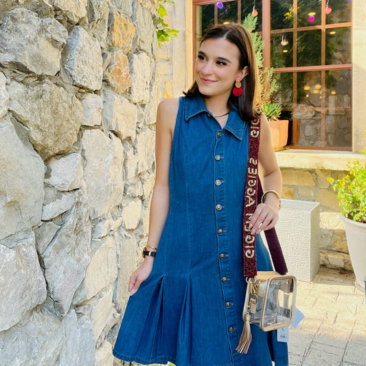 denim mini dress, pleated denim dress, button down denim dress, collared denim mini, washed denim dress, mini dress with pleats, fitted waist denim dress, sporty denim dress, casual jean dress, short denim dress, summer denim dress, fall denim dress, cute denim mini, structured denim dress, flattering denim dress, button front mini dress, cotton denim dress, inverted pleat dress, year-round denim dress, trendy denim dress