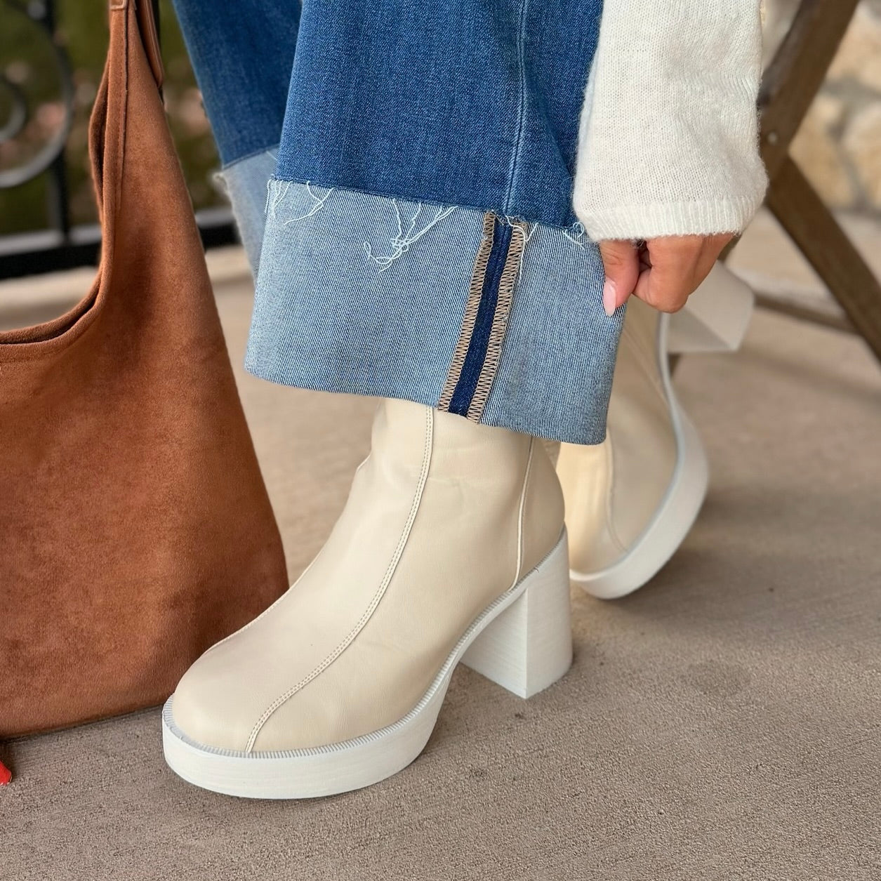 cream platform boots, beige go go boots, retro platform boots, mid calf platform boots, women’s platform boots, neutral statement boots, spring transition boots, fall to spring boots, light color boots, neutral boots for spring, year round boots women, go go inspired boots, chunky heel boots, rounded toe platform boots, zip up platform boots, faux leather boots women, mid calf boots women, boots for dresses, boots with wide leg jeans, boots with skirts, statement boots women, everyday platform boots