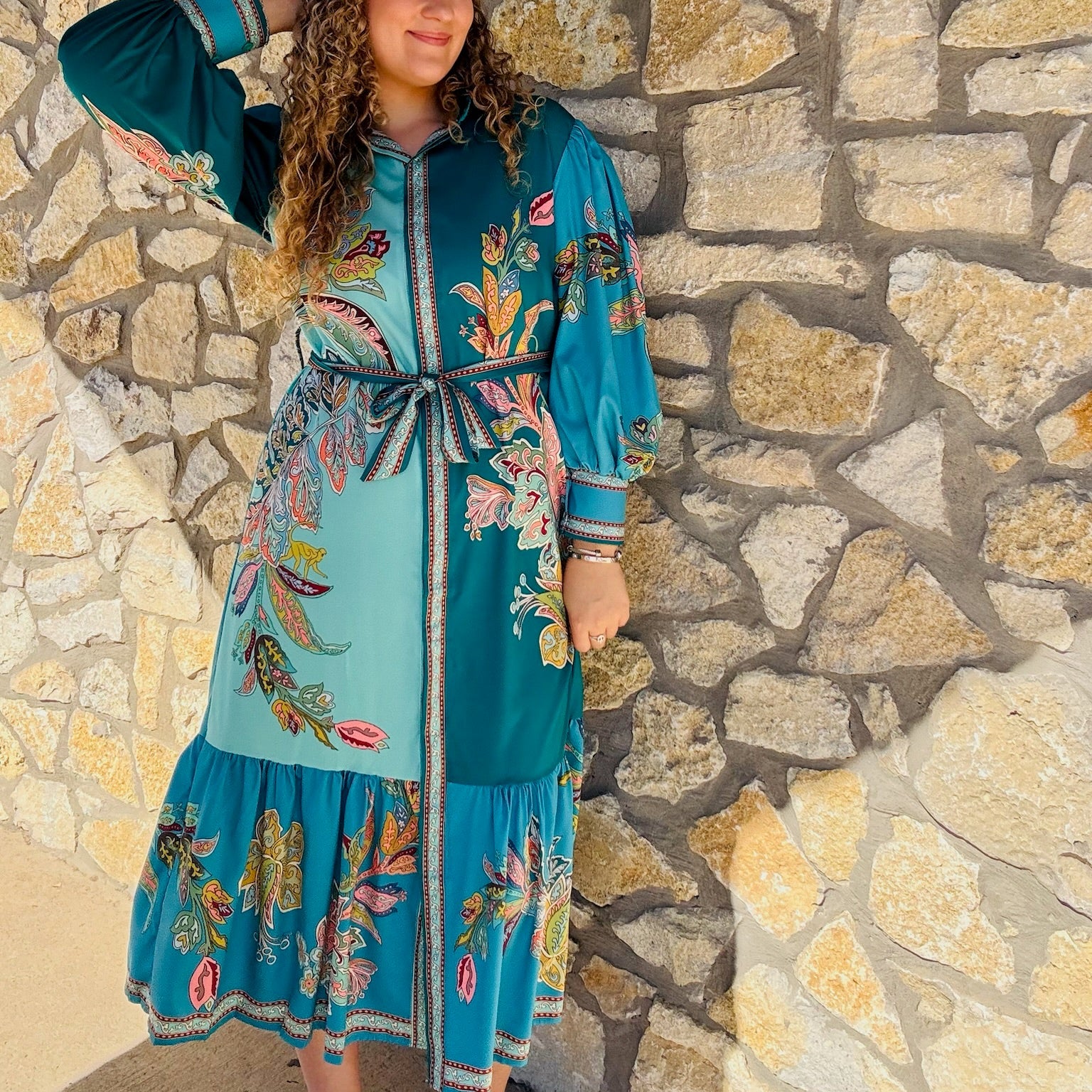 peacock green midi dress, vintage print dress, lantern sleeve dress, collared midi dress, self tie waist dress, printed midi dress, split skirt dress, long sleeve vintage dress, multicolor fall dress, fall floral dress, elegant midi dress, work to weekend dress, green boho dress, retro print midi, flowy printed dress, button front midi dress, modest split dress, peacock inspired outfit, feminine midi dress, polyester midi dress, fall transition dress