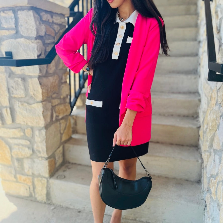 relaxed fit blazer, ruched sleeve blazer, 3/4 sleeve blazer, shoulder pad blazer, dropped shawl collar blazer, flap pocket blazer, versatile women’s blazer, office blazer, dressy casual blazer, polished workwear blazer, boutique blazer, structured yet relaxed blazer, chic everyday blazer, stylish layering blazer, solid color blazer, professional women’s blazer, date night blazer, hand wash blazer, timeless wardrobe blazer, sophisticated blazer for women, forest green blazer, fuchsia blazer, white blazer