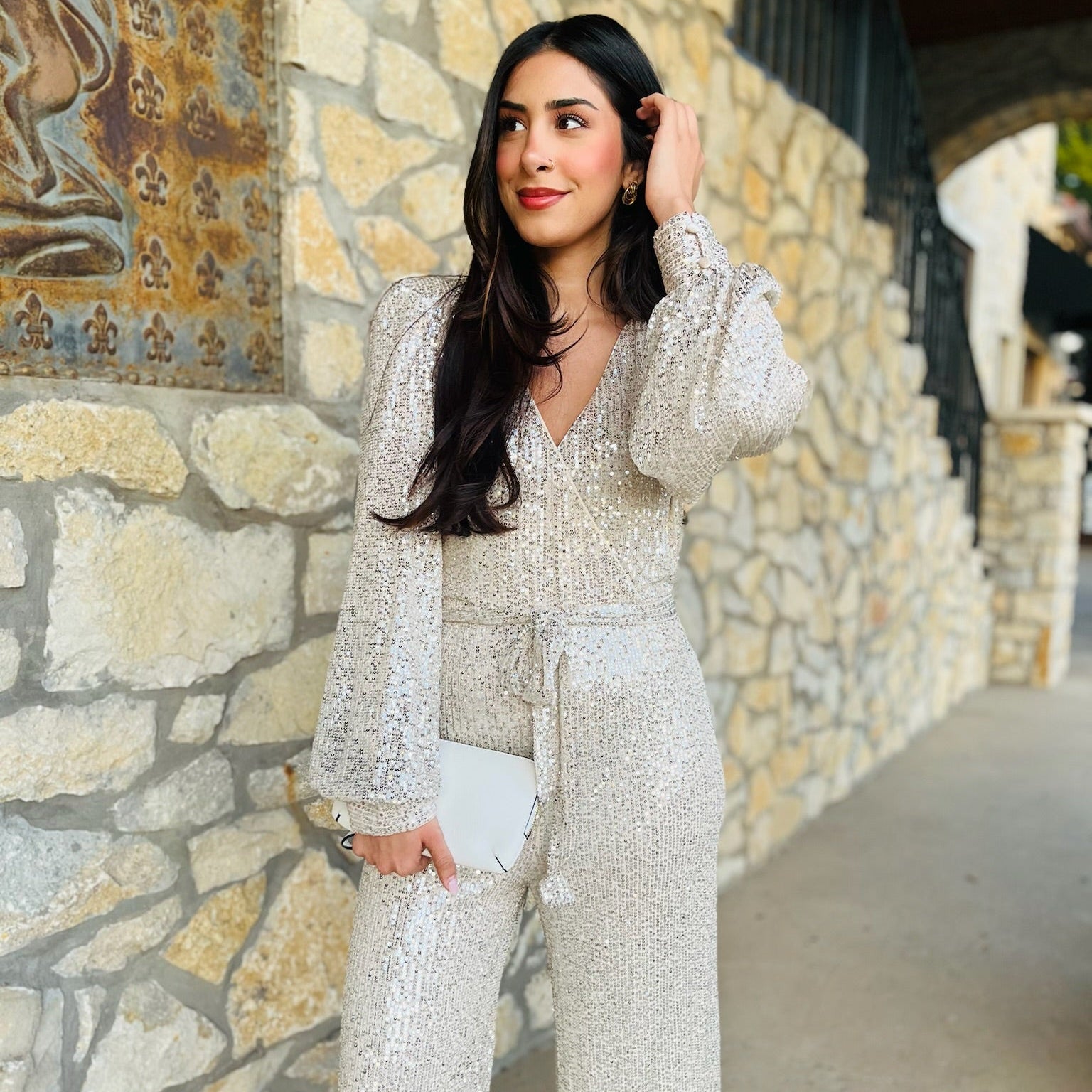 sequin jumpsuit, holiday jumpsuit, sparkly jumpsuit, long sleeve jumpsuit, v neck sequin jumpsuit, bishop sleeve jumpsuit, wrap tie waist jumpsuit, champagne sequin jumpsuit, navy sequin jumpsuit, black sequin jumpsuit, white sequin jumpsuit, party outfit, new year’s eve outfit, dressy jumpsuit, glam jumpsuit, evening wear jumpsuit, winter event outfit, statement jumpsuit, chic sequin one piece, formal jumpsuit for women