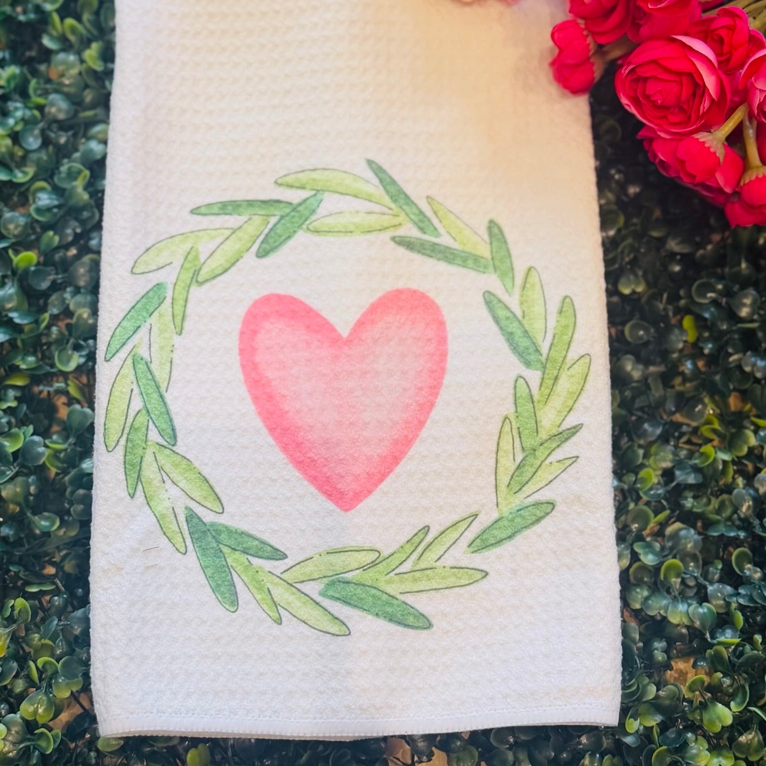 My Home Pink Heart & Wreath Kitchen Dish Towel