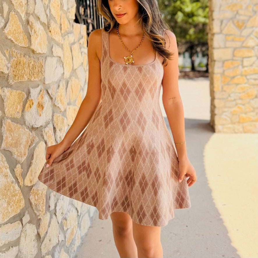 The Champagne Diamond Argyle Jacquard Flare Knit Mini Dress