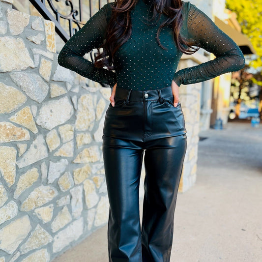 leather pants, vegan leather pants, wide leg pants, black leather pants, zip-fly pants, chic pants, on-trend pants, flattering pants, wardrobe essential, versatile pants, front pockets, back pockets, women's fashion, night out outfit, elevated style, timeless pants, winter style, winter outfits, going out pants, NYE, new years outfit, christmas pants, christmas outfit, winter staples
