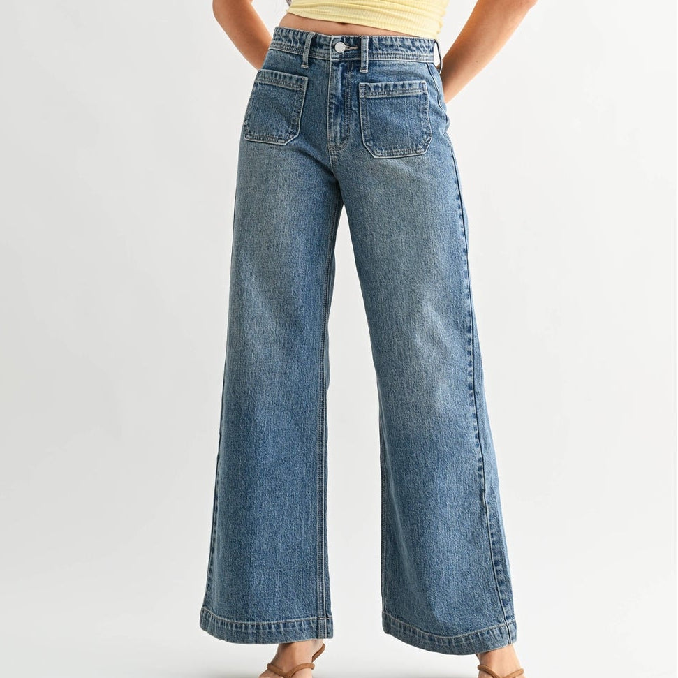 Parker Medium Wash Patch Pocket Wide Leg Jeans